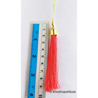 Valencia Orange Tassels With Gold Cap And Beads, Tassel Charms, Nylon Tassels x 12